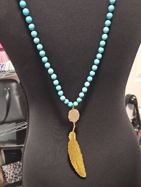 Gold Feather Pendant Turquoise Bead Necklace (howlite?)